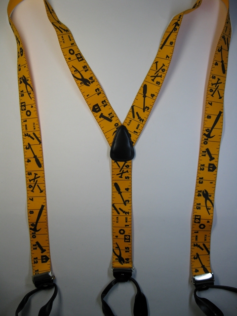 1 1/2" & 2" wide. "Y" Style. Button-On. Assorted SIZES from 5' 1" to  7' 4" Height. (42" to 60" long Straps) Cotton/Polyester, hand washable-hang to dry Suspenders with Straps that are stretchable for entire length of the material  with 3 Genuine Leather ends and 2 CHROME Adjusters. TAPE MEASURE Yellow Background with Black Markings.           Y-PA/B130N-TMYE